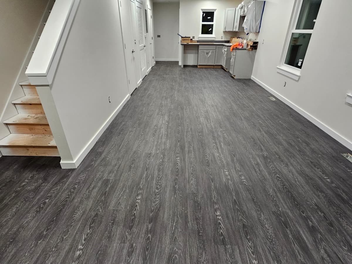 Dark carpet tile around a break-room counter