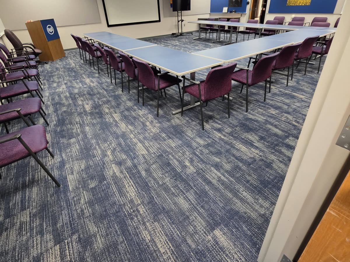 Training room with patterned carpet tile